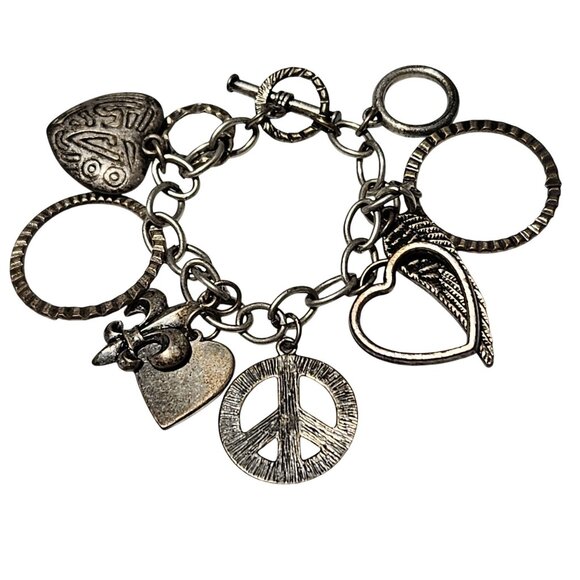 Vintage Silver Tone Charm Bracelet Peace Heart Wing Charms Fashion Jewelry Women - Picture 1 of 6